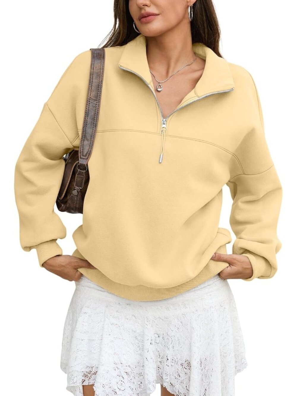 🆕Women's Yellow Fleece Quarter Zip Pullover Oversized Long Sleeve Sweater